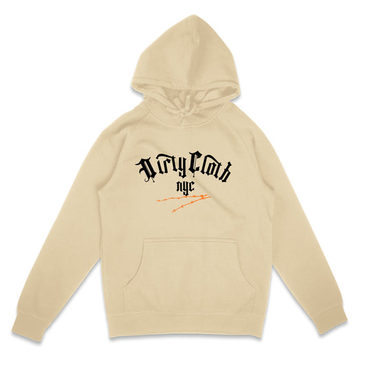 Beige hoodie with black text on a white background