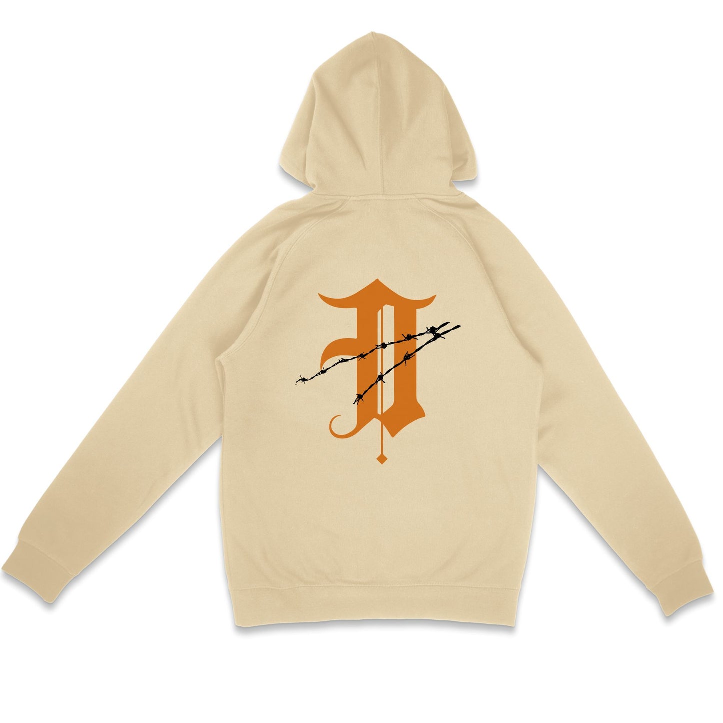 Beige hoodie with a decorative 'D' logo on the back against a white background