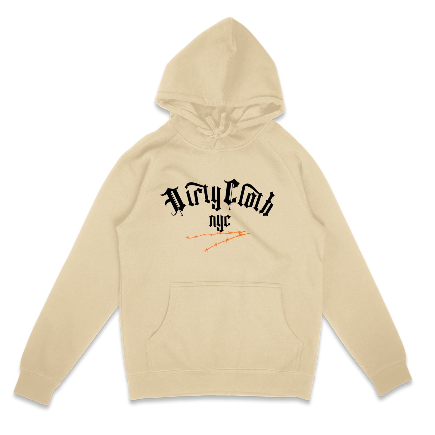 Beige hoodie with black text on a white background