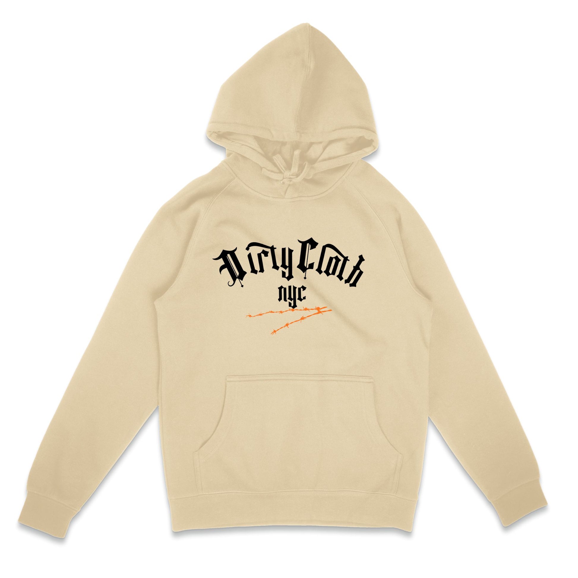 Beige hoodie with black text on a white background